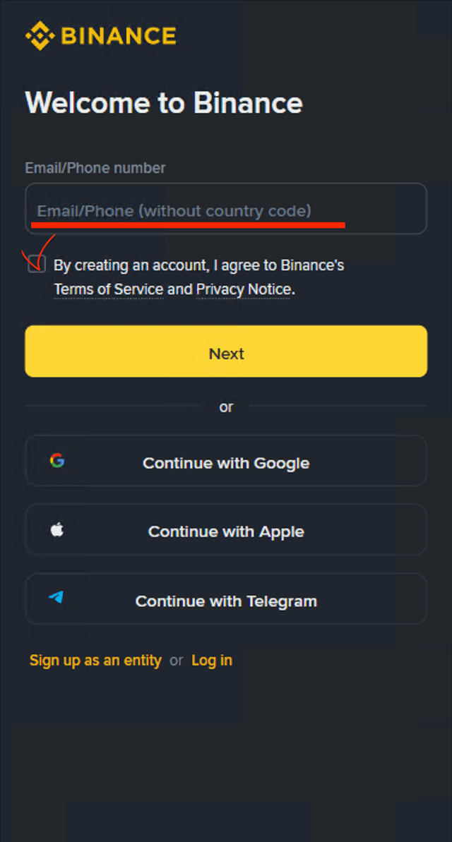 Binance Sign Up Main Screen